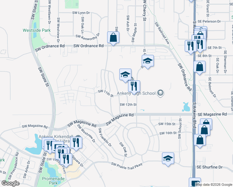 map of restaurants, bars, coffee shops, grocery stores, and more near 1014 Southwest Elm Street in Ankeny