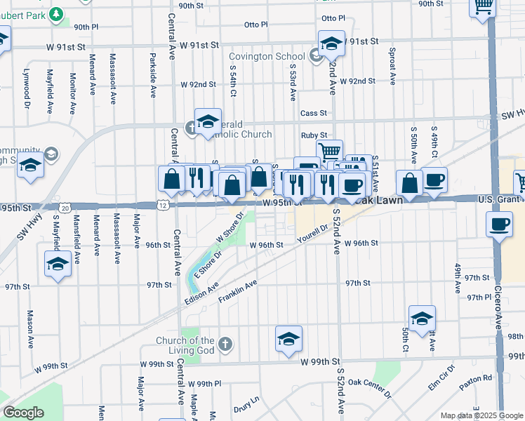 map of restaurants, bars, coffee shops, grocery stores, and more near 5351 95th Street in Oak Lawn