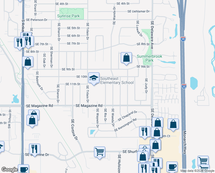 map of restaurants, bars, coffee shops, grocery stores, and more near 1105 Southeast Rio Drive in Ankeny