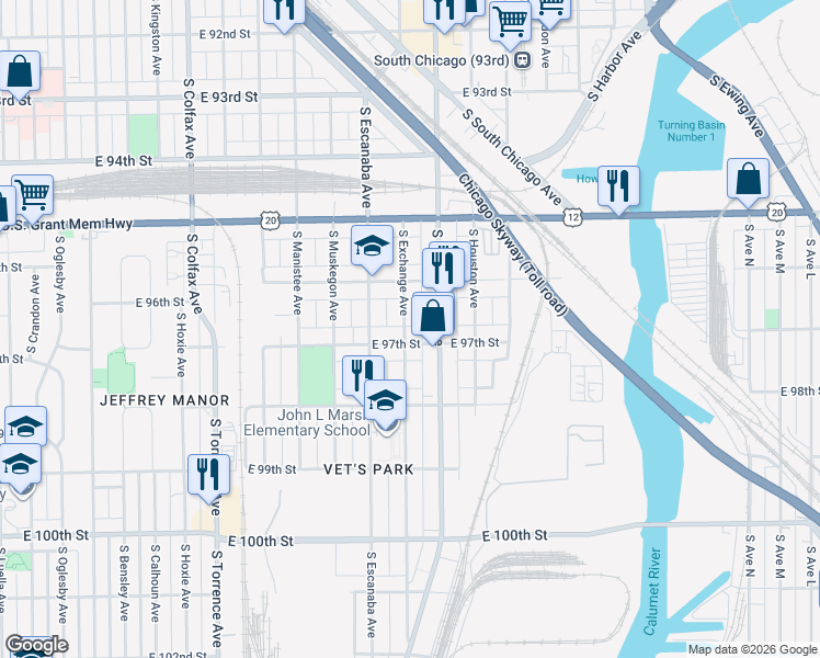 map of restaurants, bars, coffee shops, grocery stores, and more near 9647 South Exchange Avenue in Chicago