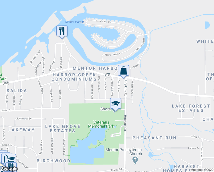 map of restaurants, bars, coffee shops, grocery stores, and more near 5565 Grove Avenue in Mentor