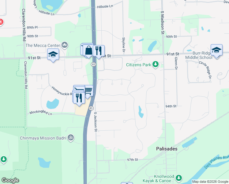 map of restaurants, bars, coffee shops, grocery stores, and more near 9360 Cascade Circle in Burr Ridge