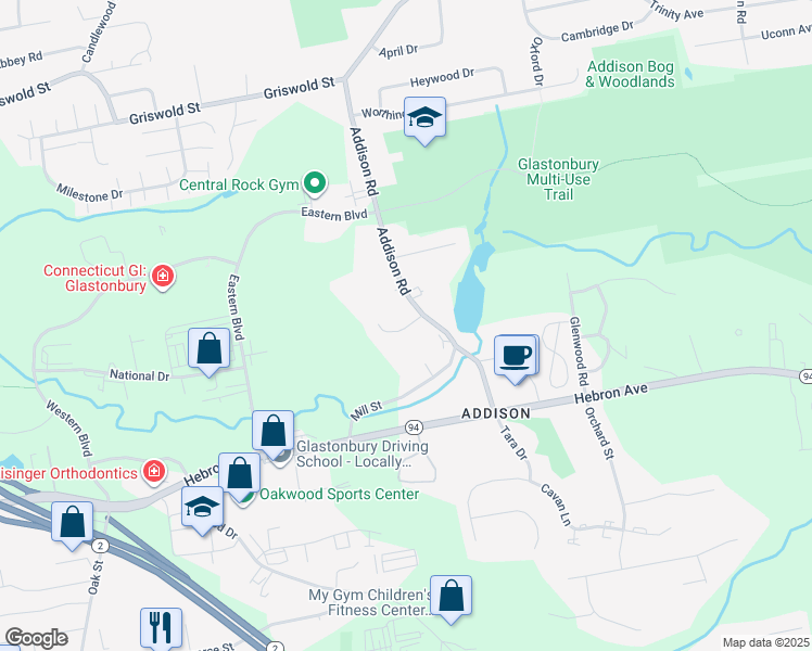 map of restaurants, bars, coffee shops, grocery stores, and more near 17 Norman Drive in Glastonbury