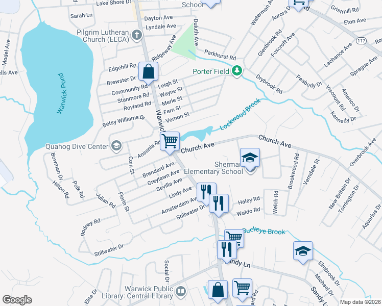 map of restaurants, bars, coffee shops, grocery stores, and more near 688 Church Avenue in Warwick