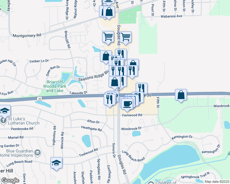map of restaurants, bars, coffee shops, grocery stores, and more near 1977 Douglas Road in Montgomery