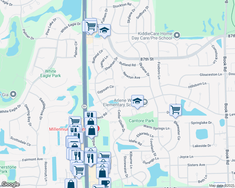map of restaurants, bars, coffee shops, grocery stores, and more near 2889 Gypsum Circle in Naperville
