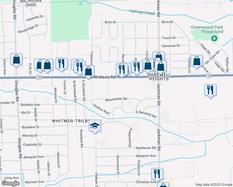 map of restaurants, bars, coffee shops, grocery stores, and more near 1922 Winchester Road in Toledo