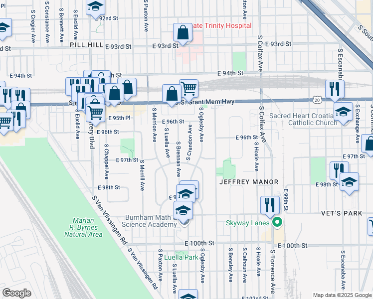 map of restaurants, bars, coffee shops, grocery stores, and more near 9660 South Crandon Avenue in Chicago