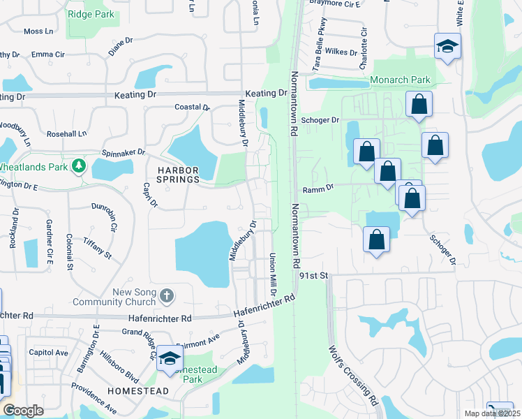 map of restaurants, bars, coffee shops, grocery stores, and more near 1950 Middlebury Drive in Aurora