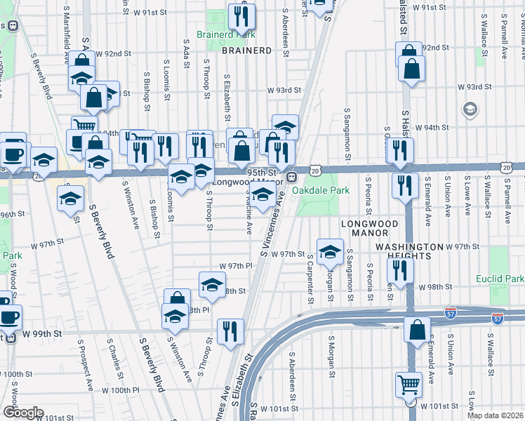 map of restaurants, bars, coffee shops, grocery stores, and more near 1150 West 96th Street in Chicago