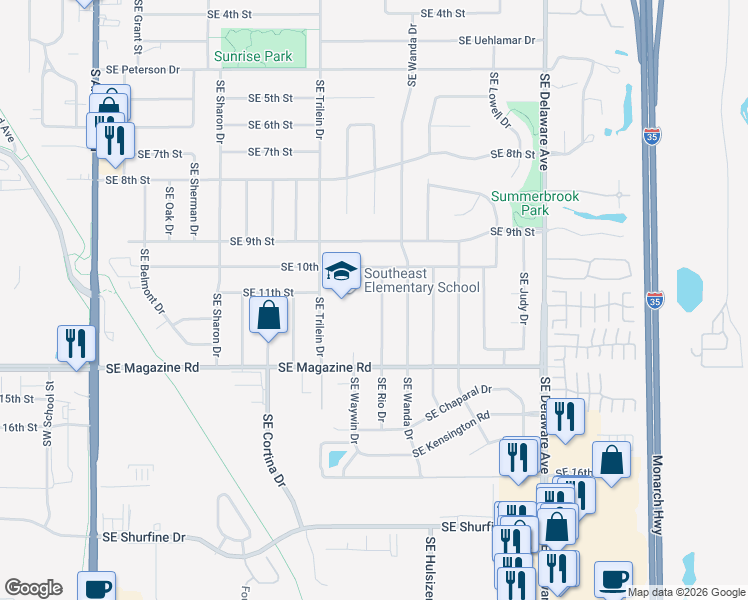 map of restaurants, bars, coffee shops, grocery stores, and more near 1105 Southeast Rio Drive in Ankeny