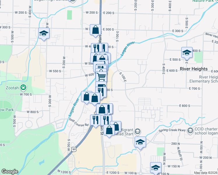 map of restaurants, bars, coffee shops, grocery stores, and more near 59 East 700 South in Logan