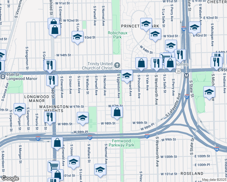 map of restaurants, bars, coffee shops, grocery stores, and more near 417 West 96th Street in Chicago