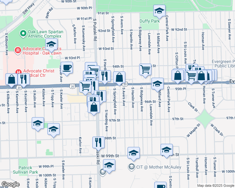 map of restaurants, bars, coffee shops, grocery stores, and more near 9531 South Springfield Avenue in Evergreen Park