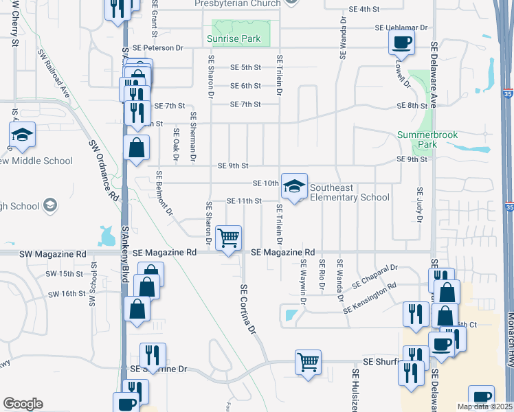 map of restaurants, bars, coffee shops, grocery stores, and more near 1102 Southeast Innsbruck Drive in Ankeny