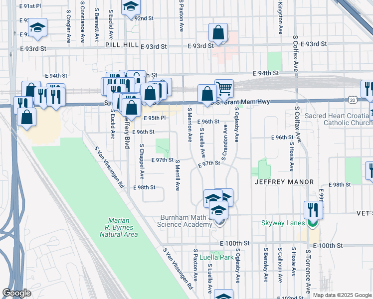 map of restaurants, bars, coffee shops, grocery stores, and more near 9658 South Merrion Avenue in Chicago