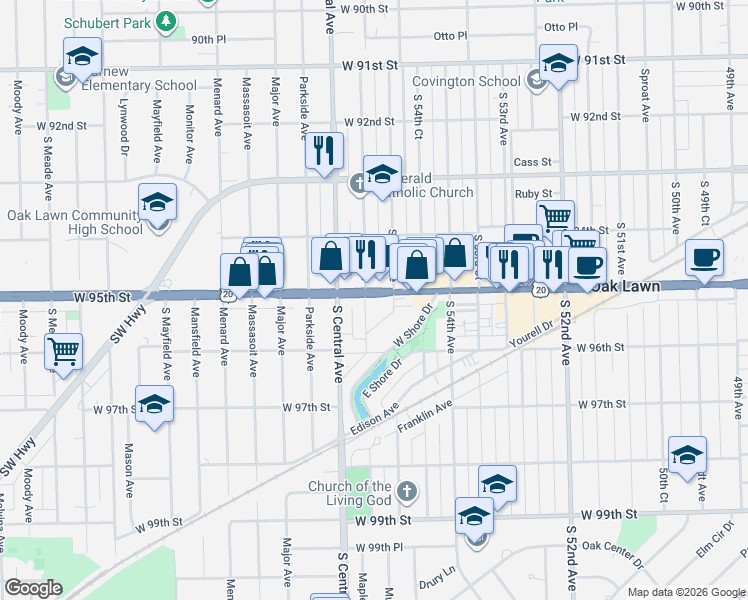 map of restaurants, bars, coffee shops, grocery stores, and more near 5535 95th Street in Oak Lawn