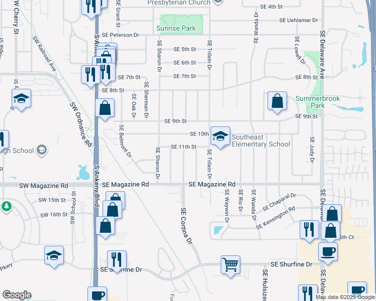 map of restaurants, bars, coffee shops, grocery stores, and more near 513 Southeast 11th Street in Ankeny