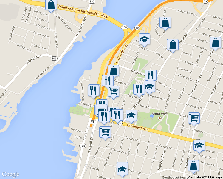 map of restaurants, bars, coffee shops, grocery stores, and more near 96 Cory St in Fall River