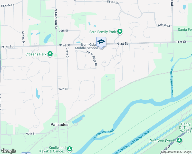 map of restaurants, bars, coffee shops, grocery stores, and more near 117 Oak Ridge Drive East in Burr Ridge