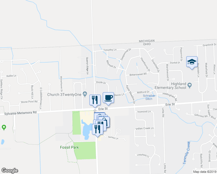 map of restaurants, bars, coffee shops, grocery stores, and more near 5923 Brown Lane in Sylvania