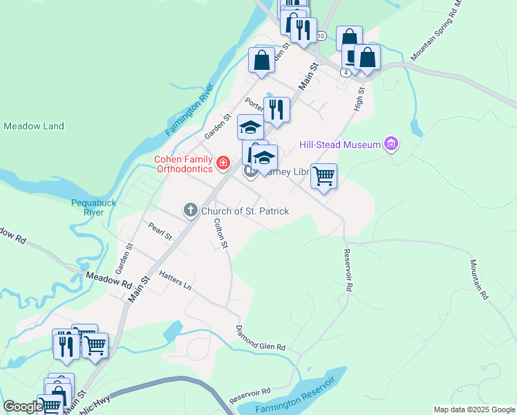 map of restaurants, bars, coffee shops, grocery stores, and more near 15 Carrington Lane in Farmington