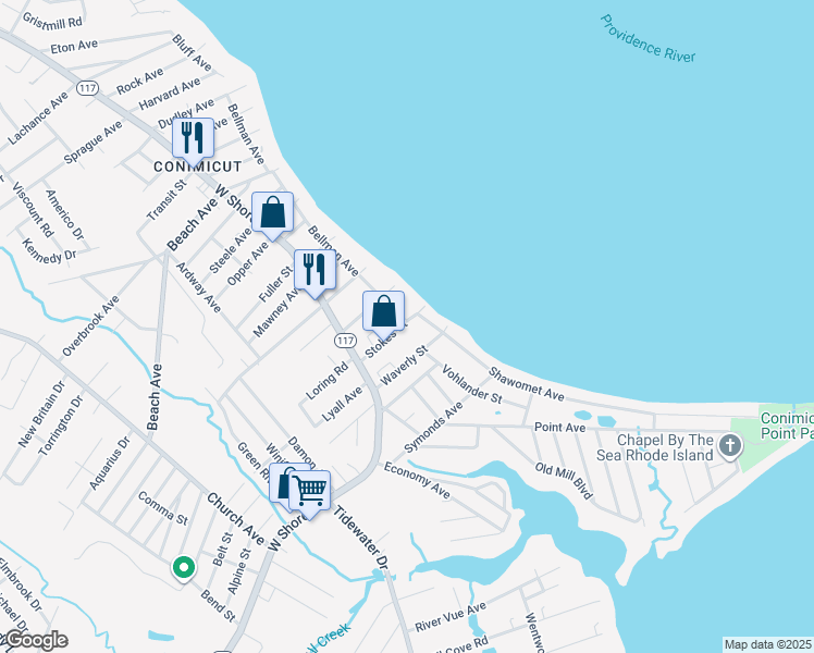 map of restaurants, bars, coffee shops, grocery stores, and more near 32 Stokes Street in Warwick