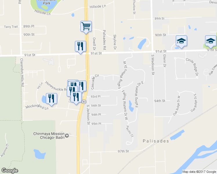 map of restaurants, bars, coffee shops, grocery stores, and more near 9360 Cascade Circle in Burr Ridge