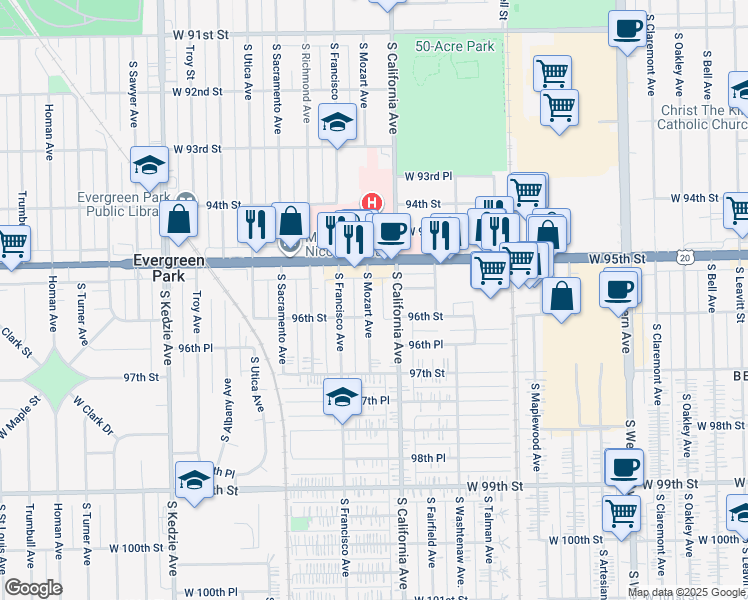 map of restaurants, bars, coffee shops, grocery stores, and more near 9547 South Mozart Avenue in Evergreen Park
