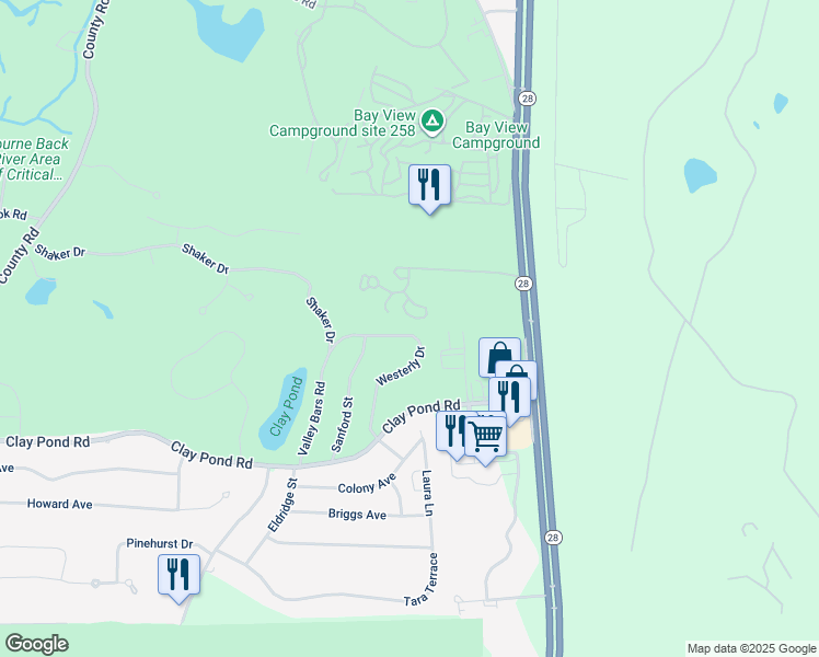 map of restaurants, bars, coffee shops, grocery stores, and more near 20 Westerly Drive in Bourne