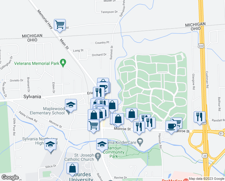 map of restaurants, bars, coffee shops, grocery stores, and more near 5800 Summit Street in Sylvania
