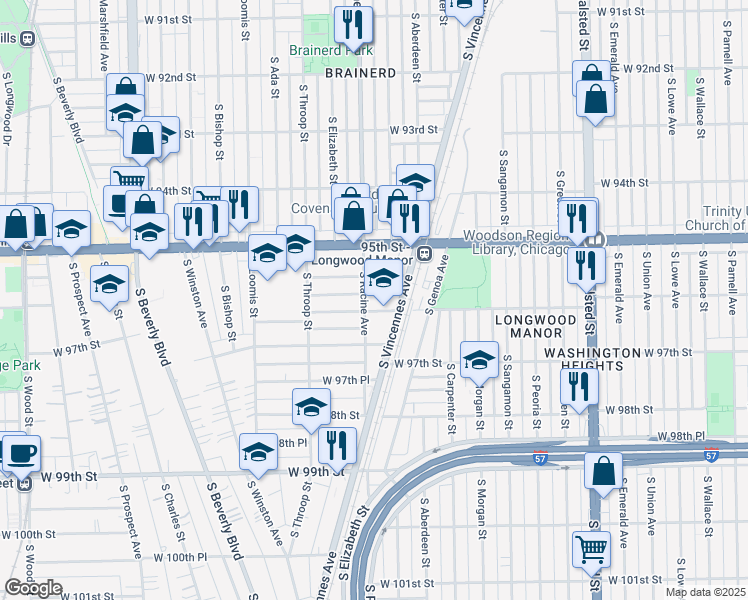 map of restaurants, bars, coffee shops, grocery stores, and more near 1150 West 96th Street in Chicago