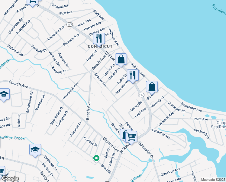 map of restaurants, bars, coffee shops, grocery stores, and more near 81 Mawney Avenue in Warwick