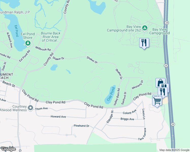 map of restaurants, bars, coffee shops, grocery stores, and more near 45 Round House Road in Bourne
