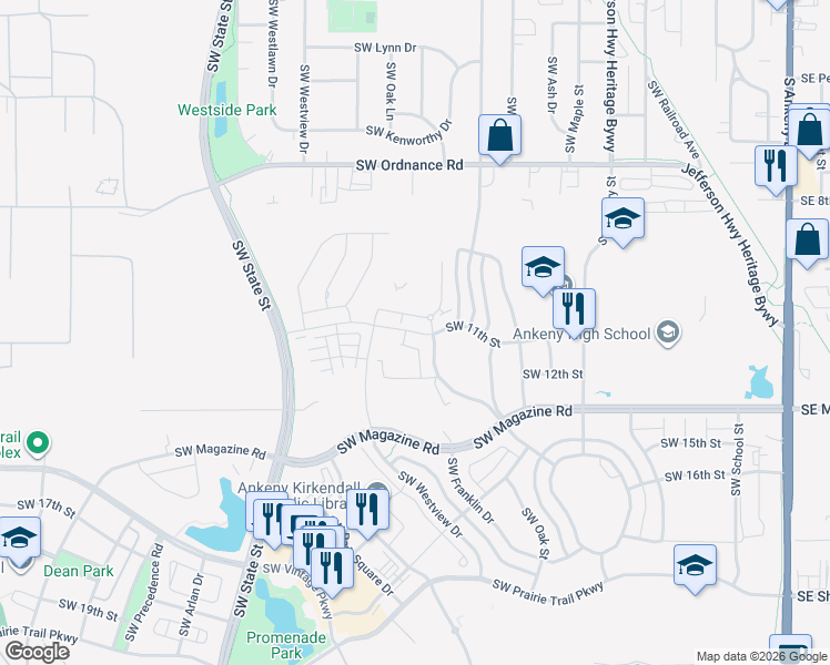 map of restaurants, bars, coffee shops, grocery stores, and more near 1373 Southwest Radcliffe Lane in Ankeny