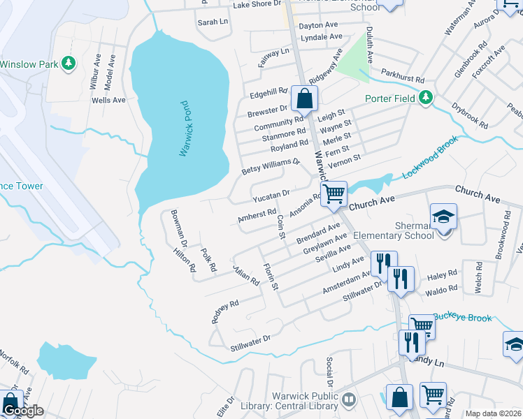 map of restaurants, bars, coffee shops, grocery stores, and more near 21 Amherst Road in Warwick