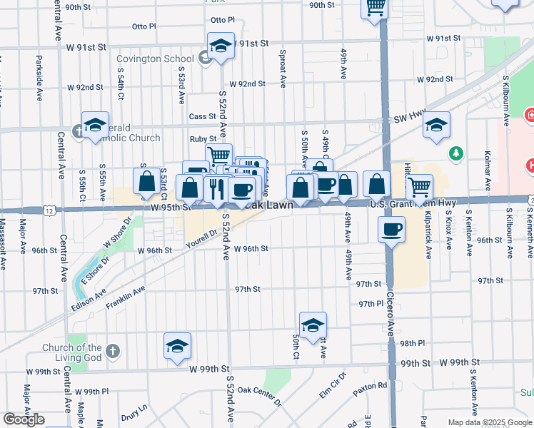 map of restaurants, bars, coffee shops, grocery stores, and more near in Oak Lawn