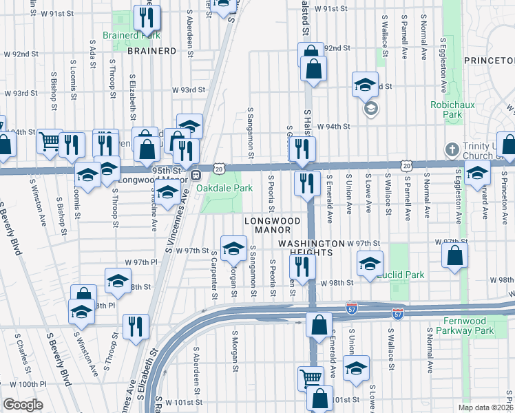 map of restaurants, bars, coffee shops, grocery stores, and more near 9565 South Sangamon Street in Chicago