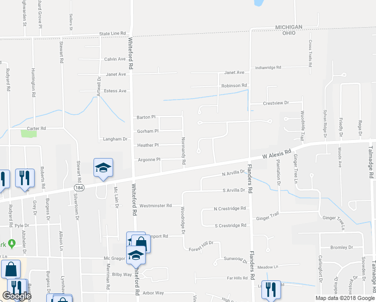map of restaurants, bars, coffee shops, grocery stores, and more near 5740 Normandy Road in Sylvania
