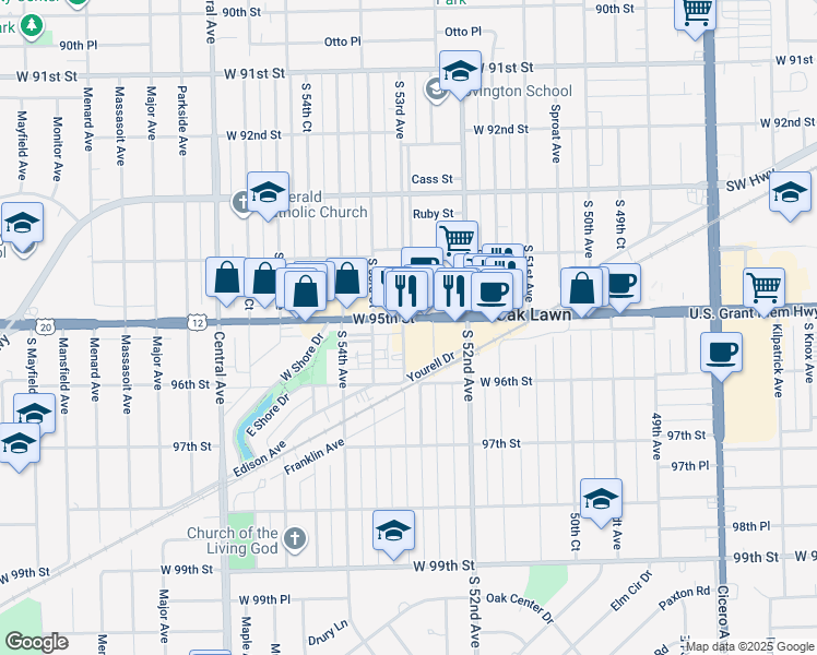 map of restaurants, bars, coffee shops, grocery stores, and more near 5273 West 95th Street in Oak Lawn