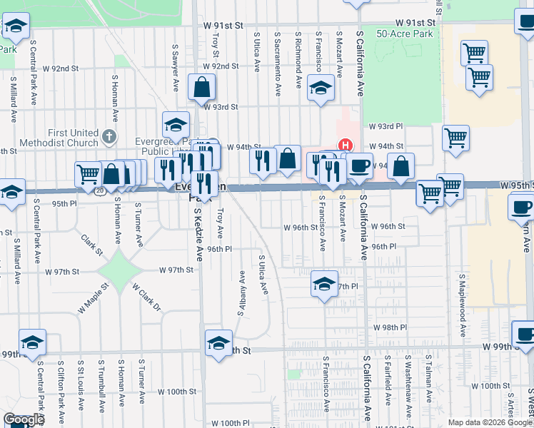 map of restaurants, bars, coffee shops, grocery stores, and more near 9539 South Utica Avenue in Evergreen Park