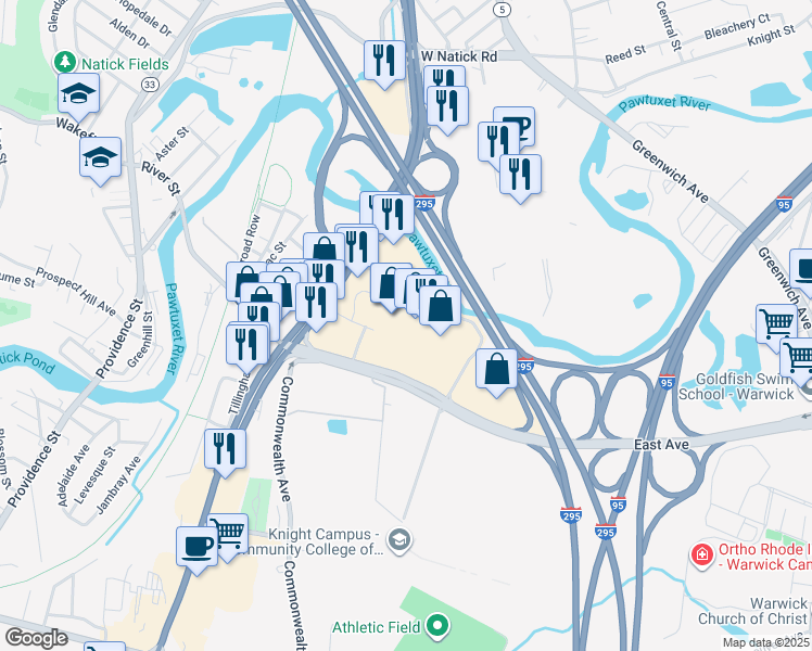 map of restaurants, bars, coffee shops, grocery stores, and more near 403 East Avenue in Warwick