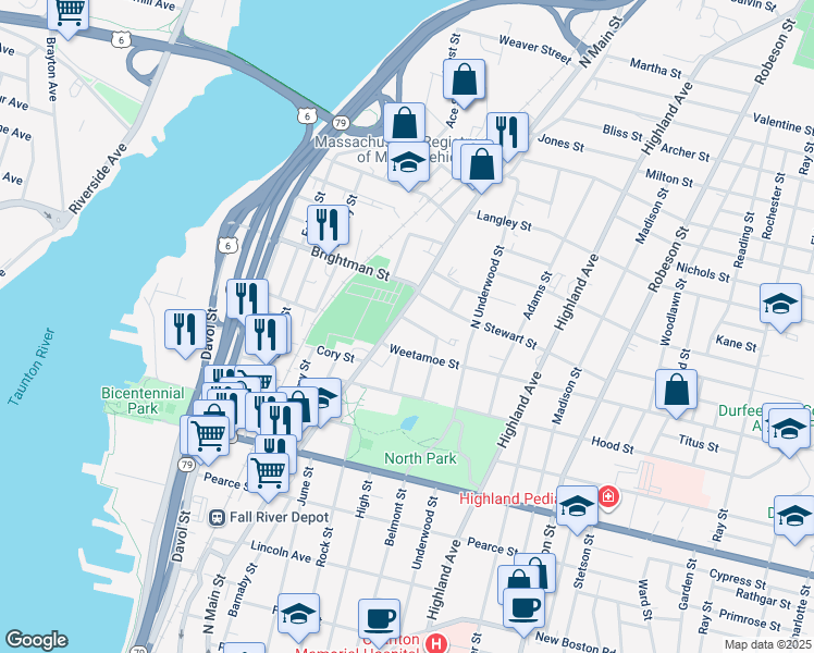 map of restaurants, bars, coffee shops, grocery stores, and more near 21 Vestal Street in Fall River