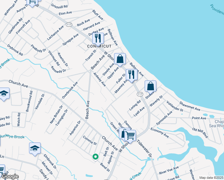 map of restaurants, bars, coffee shops, grocery stores, and more near 81 Mawney Avenue in Warwick