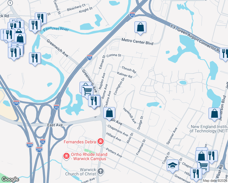 map of restaurants, bars, coffee shops, grocery stores, and more near 62 Covington Drive in Warwick