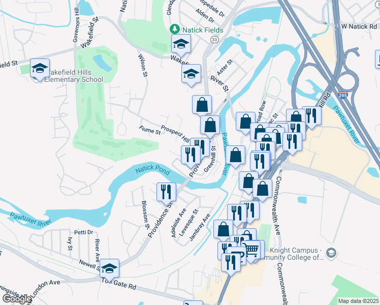 map of restaurants, bars, coffee shops, grocery stores, and more near 11 Bowen Court in West Warwick