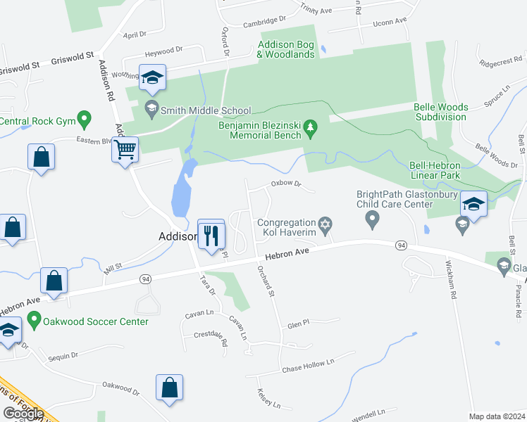 map of restaurants, bars, coffee shops, grocery stores, and more near 60 Rambling Brook Lane in Glastonbury