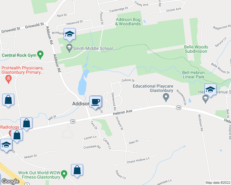 map of restaurants, bars, coffee shops, grocery stores, and more near 60 Rambling Brook Lane in Glastonbury