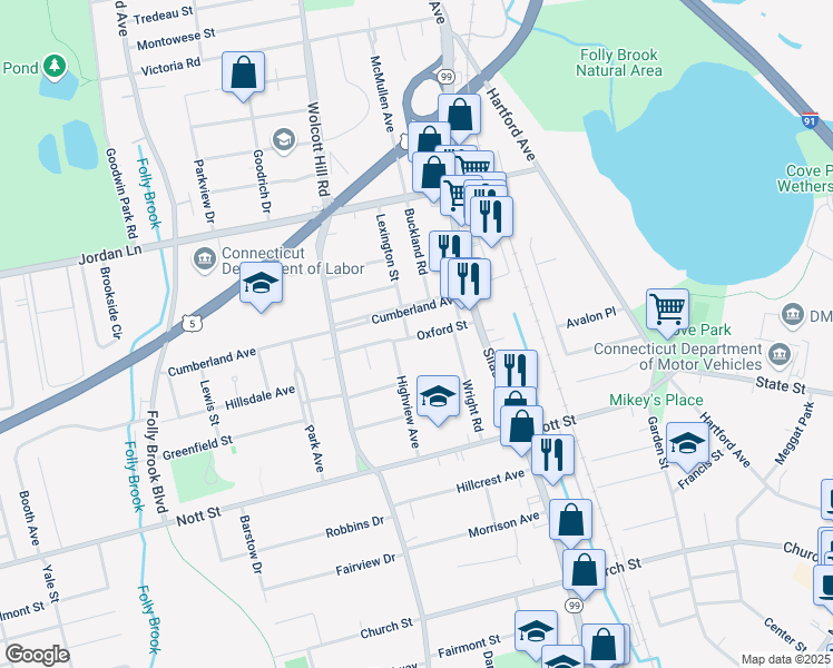 map of restaurants, bars, coffee shops, grocery stores, and more near 30 Oxford Street in Wethersfield