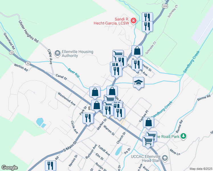 map of restaurants, bars, coffee shops, grocery stores, and more near 4 Hickory Street in Ellenville